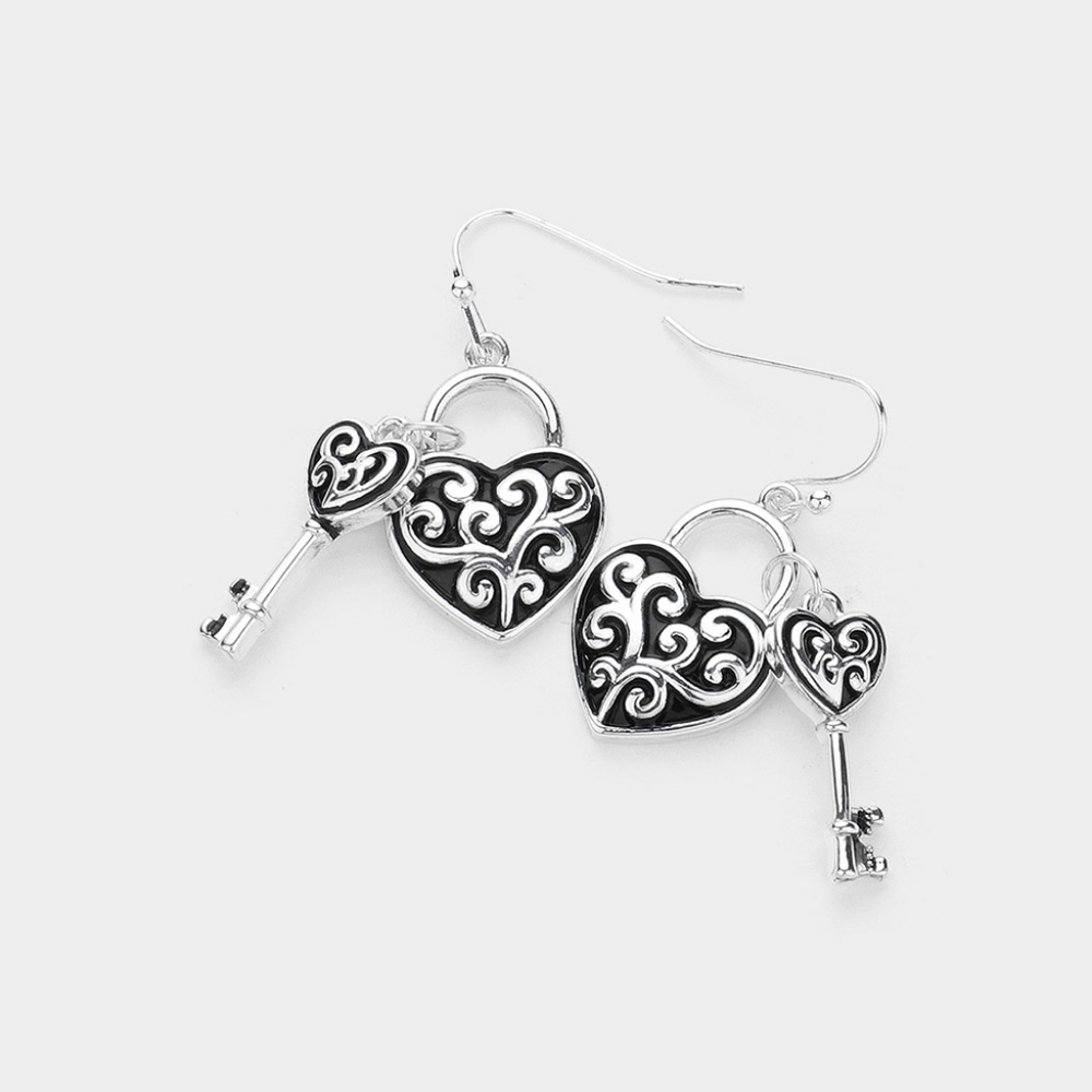 Silver Antique Metal Heart Lock & Key Shaped Dangle Earrings